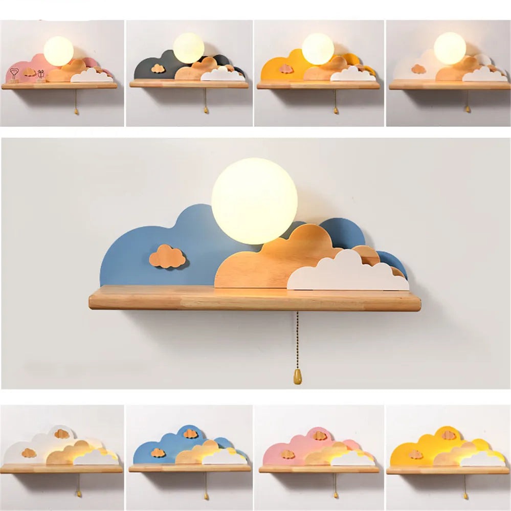 Creative Clouds Sun Wood Shelf Glass Led Wall Lamp with Pull Switch Children Bedroom Bedside Study Sconce Girls Light Fixtures