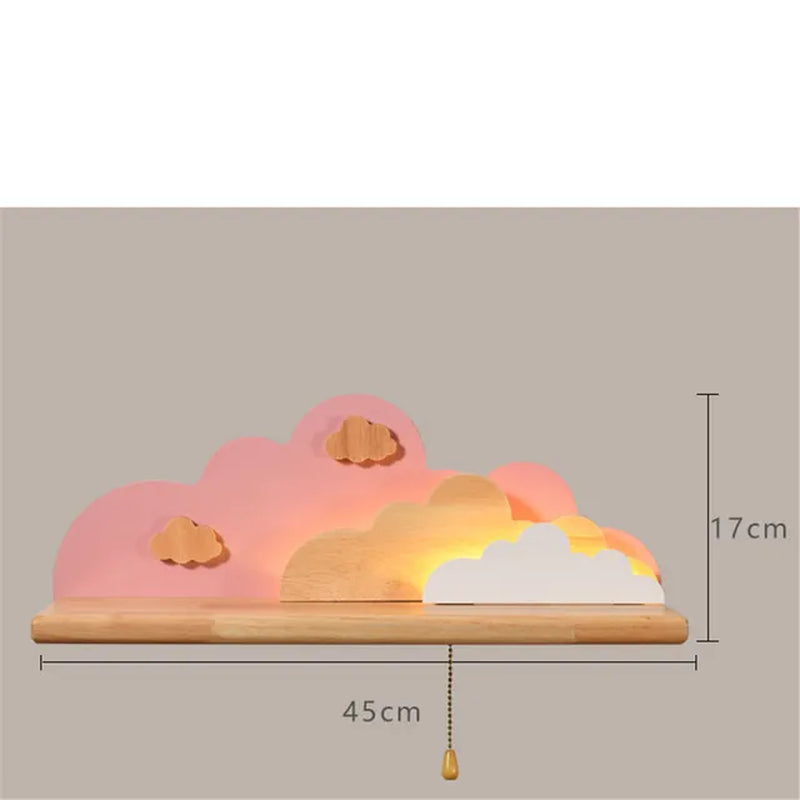 Creative Clouds Sun Wood Shelf Glass Led Wall Lamp with Pull Switch Children Bedroom Bedside Study Sconce Girls Light Fixtures