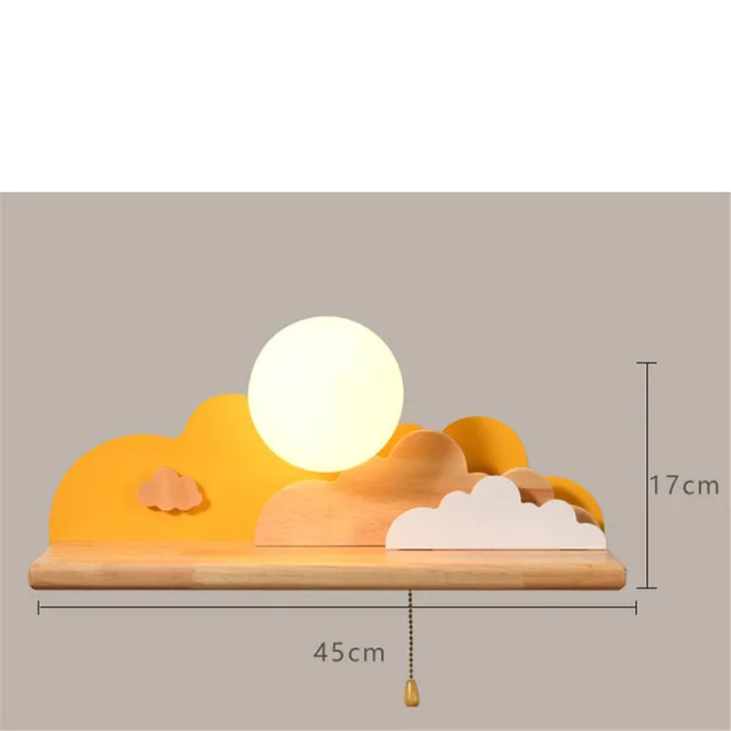 Creative Clouds Sun Wood Shelf Glass Led Wall Lamp with Pull Switch Children Bedroom Bedside Study Sconce Girls Light Fixtures