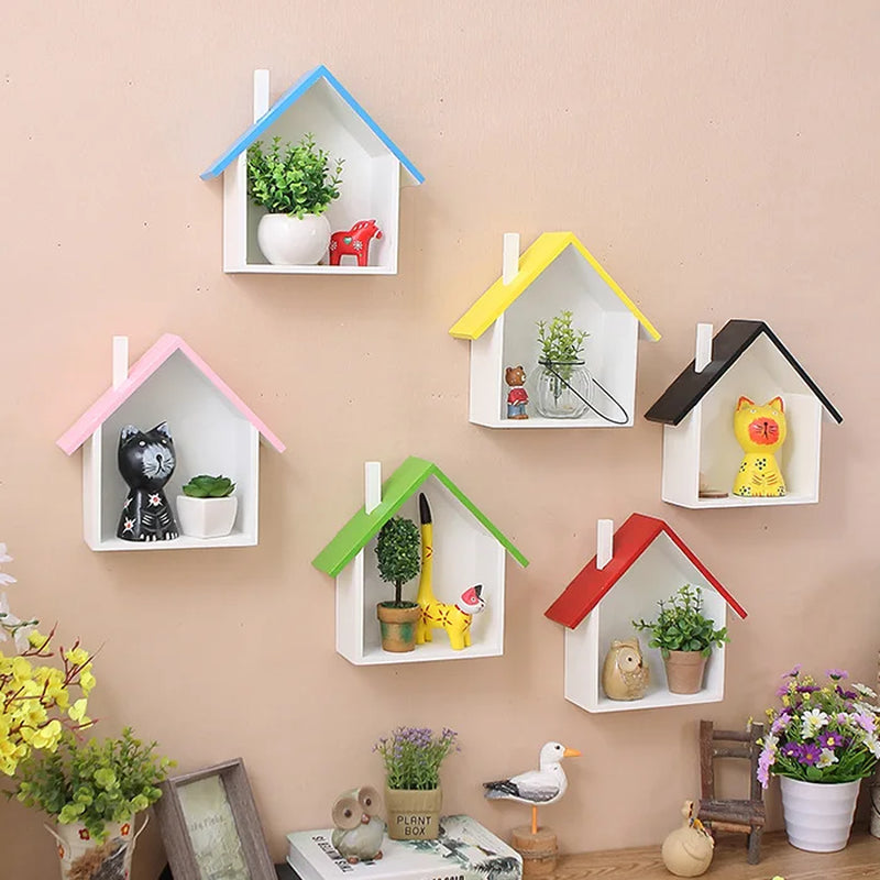 Wall Decoration Log Cabin Shop Colorful Small House Decoration Wall Hanging Shelving Kids Room Shelf Decorative