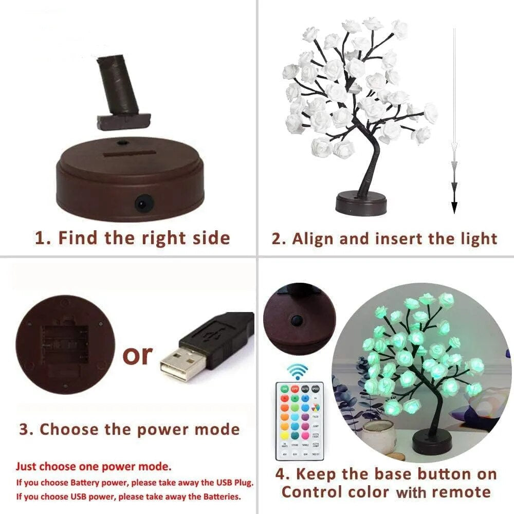 RGB Rose Flower Tree Lights 24LED USB Battery Table Lamp Fairy Night Light Home Party Christmas Wedding Bedroom Decoration Gift