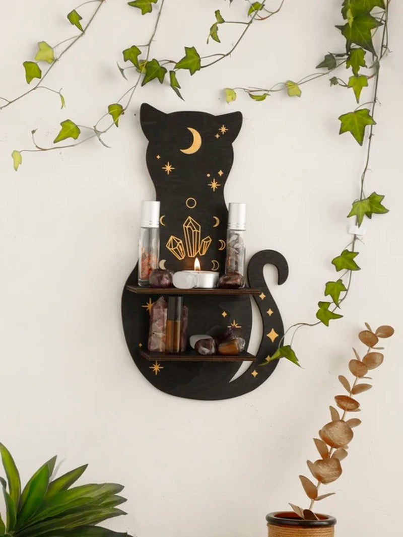 Black Cat Wooden Shelf Moon Phase Floating Shelf Chakra Crystal Holder Stone Display Stand Wall Decor Witchy Home Decorations