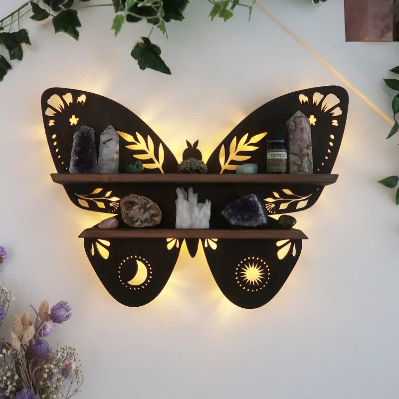 Multipose Luna Moth Butterfly Lamp Crystal Rack Moon Wood Shelf Wall Decor Wooden Rustic Display Living Bedroom Storage Rack