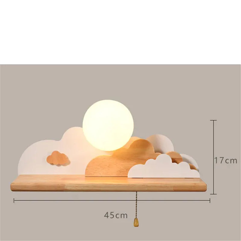 Creative Clouds Sun Wood Shelf Glass Led Wall Lamp with Pull Switch Children Bedroom Bedside Study Sconce Girls Light Fixtures