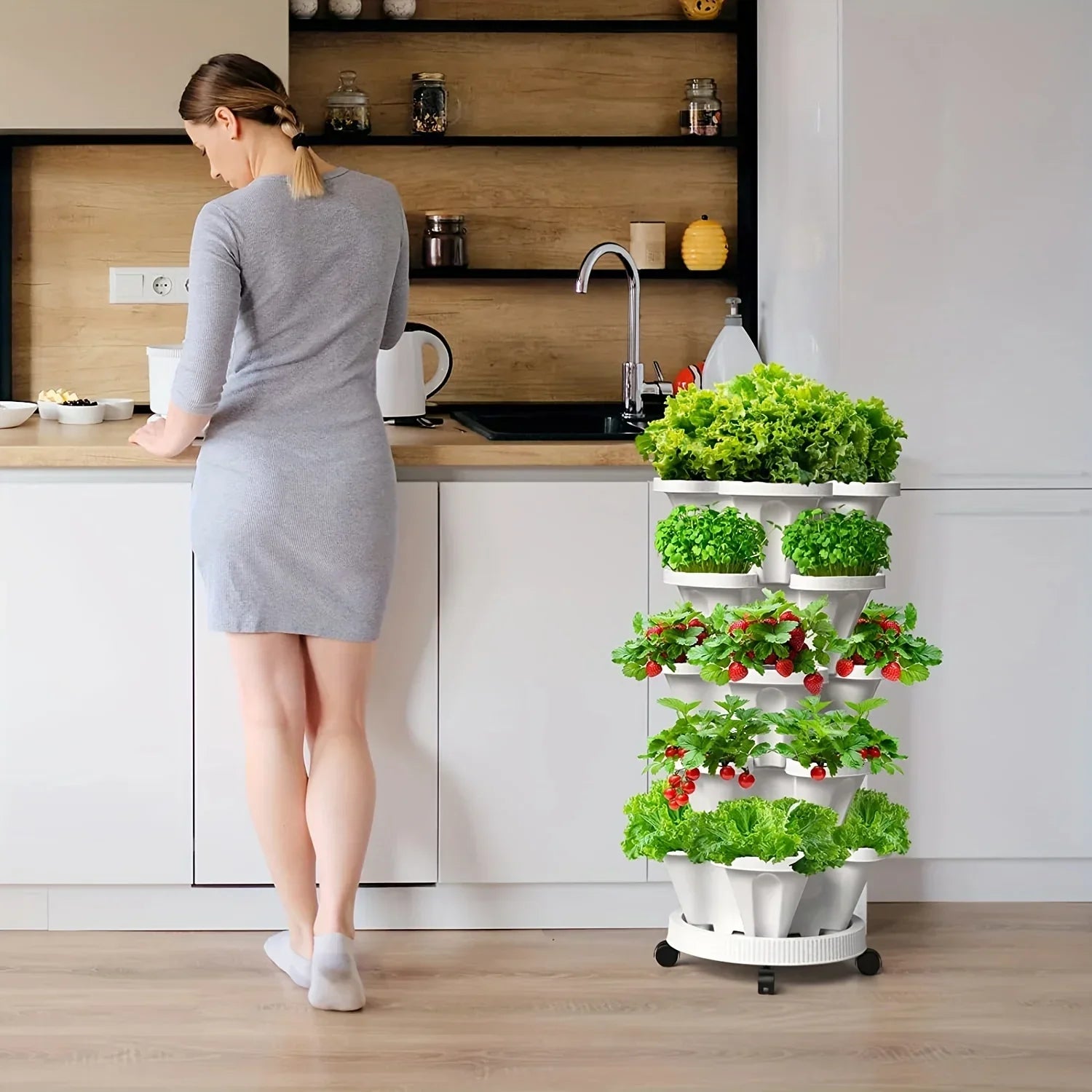 Vertical Planter Tower Garden, 3 Tiered Planter Stackable Herb Garden Planter with Movable Casters and Bottom Indoor and Outdoor