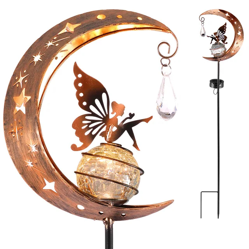 Fairy Moon Solar Light Lawn Outdoor Ornament Creative Decorative Iron Hollow Crack Ball Lamp Angle Art Led Yard Decor