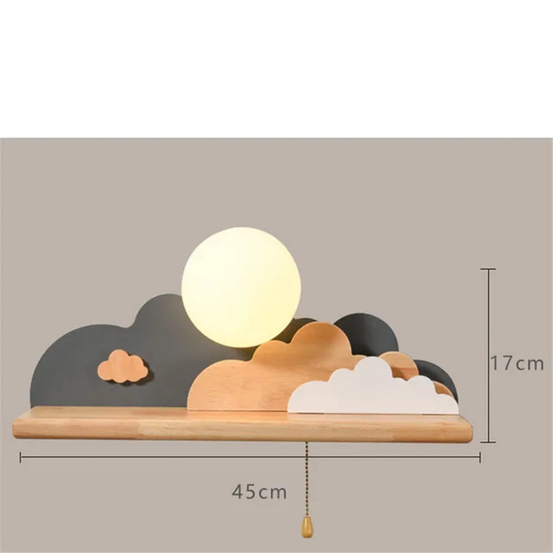 Creative Clouds Sun Wood Shelf Glass Led Wall Lamp with Pull Switch Children Bedroom Bedside Study Sconce Girls Light Fixtures