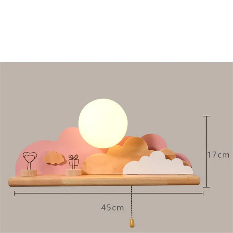 Creative Clouds Sun Wood Shelf Glass Led Wall Lamp with Pull Switch Children Bedroom Bedside Study Sconce Girls Light Fixtures