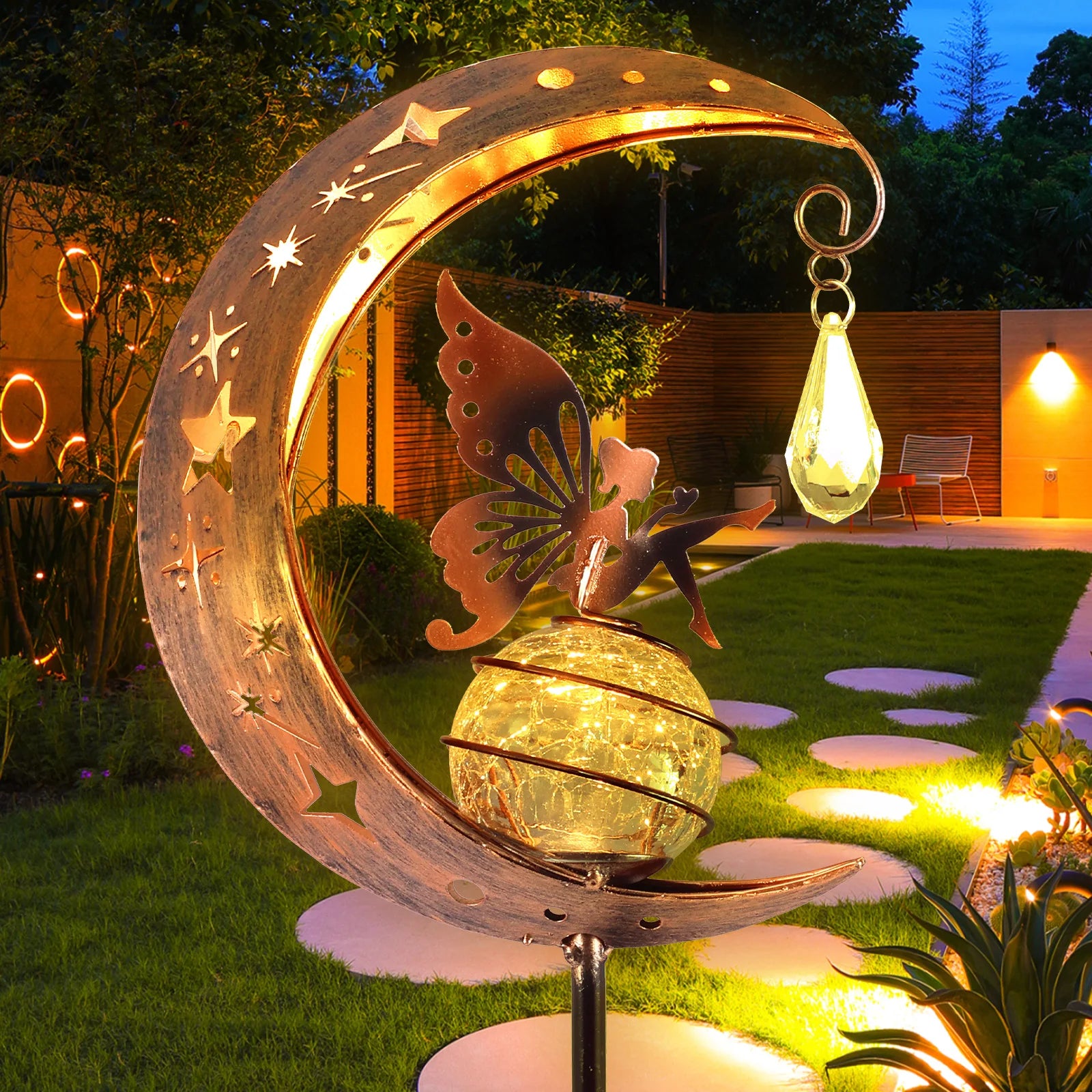 Fairy Moon Solar Light Lawn Outdoor Ornament Creative Decorative Iron Hollow Crack Ball Lamp Angle Art Led Yard Decor