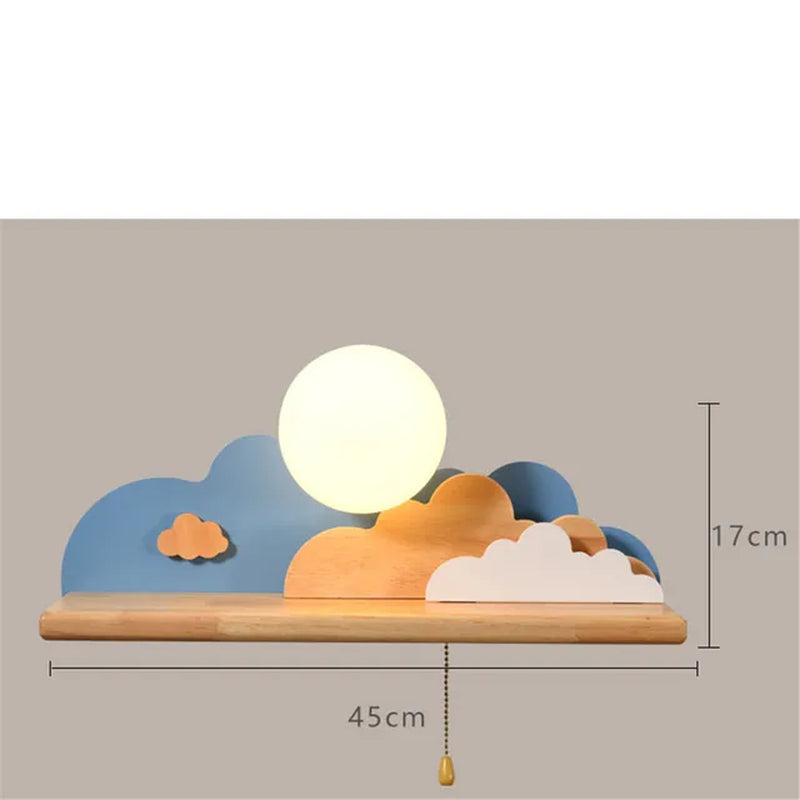 Creative Clouds Sun Wood Shelf Glass Led Wall Lamp with Pull Switch Children Bedroom Bedside Study Sconce Girls Light Fixtures