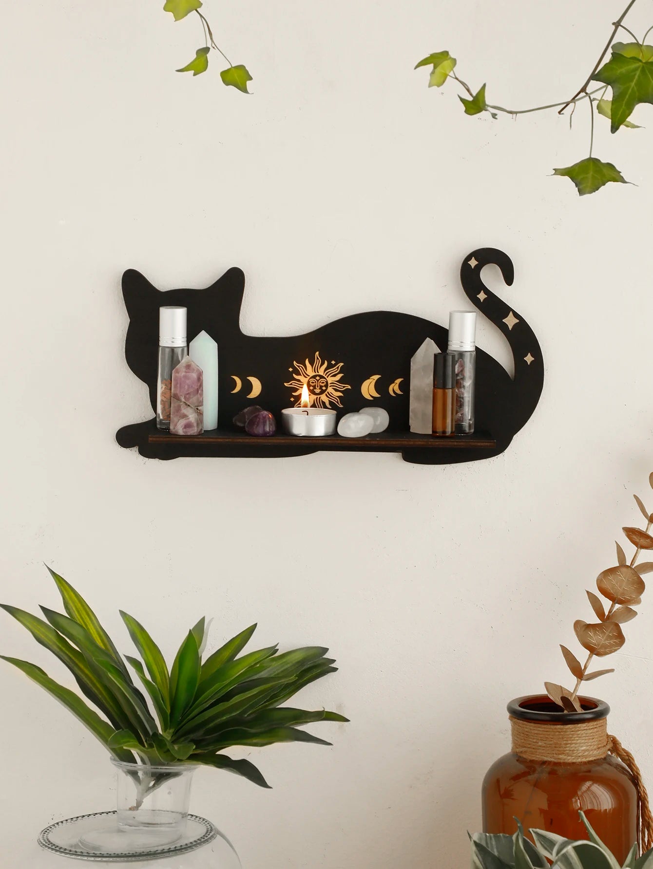 Black Cat Wooden Shelf Moon Phase Floating Shelf Chakra Crystal Holder Stone Display Stand Wall Decor Witchy Home Decorations