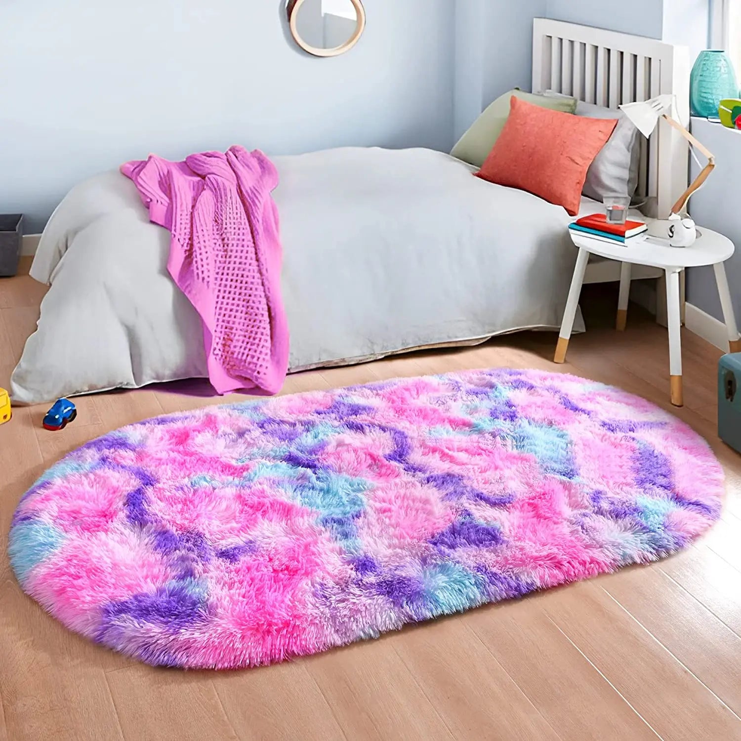 Faux Fur Rainbow Rug Oval Fluffy Room Decor Carpet Floor Mats Plush Soft Rugs Bedside Carpets for Bedroom Living Room