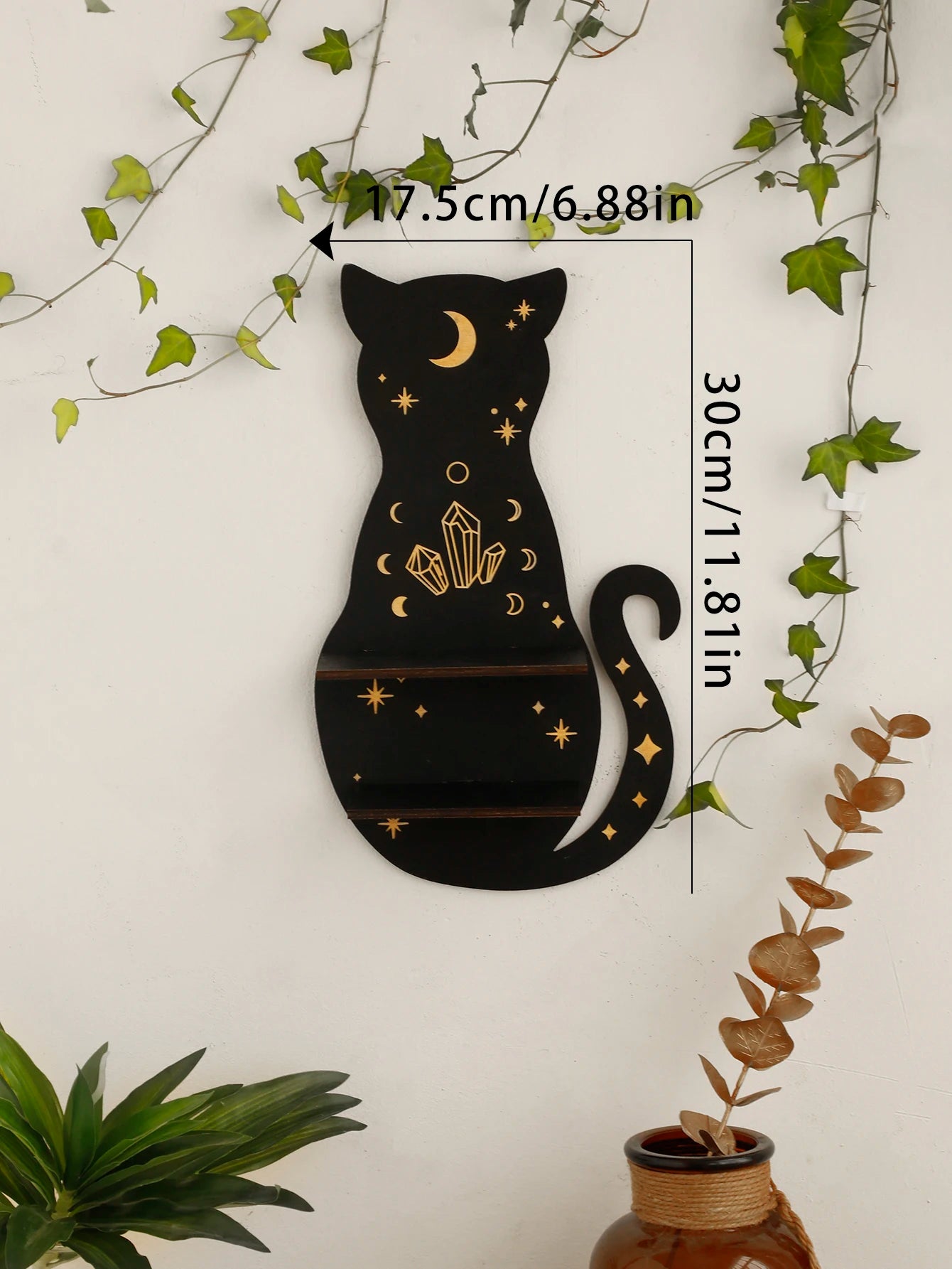 Black Cat Wooden Shelf Moon Phase Floating Shelf Chakra Crystal Holder Stone Display Stand Wall Decor Witchy Home Decorations