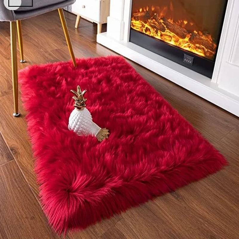 Red Bed Side Carpet Soft Fluffy Sheepskin Area Rugs Nordic Living Room Mat Bedrooms Floor White Faux Fur Bedside Rug