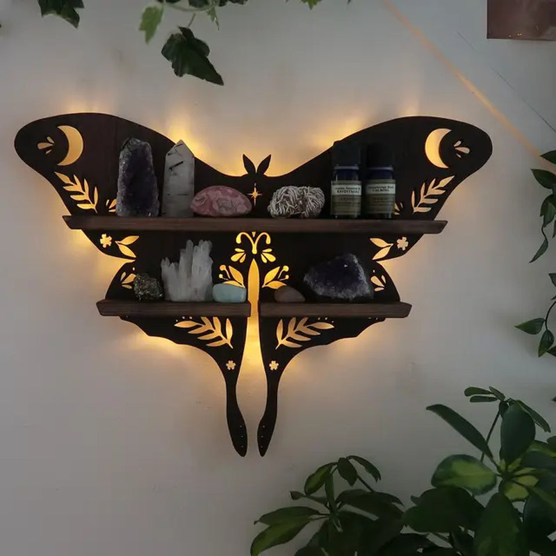 Multipose Luna Moth Butterfly Lamp Crystal Rack Moon Wood Shelf Wall Decor Wooden Rustic Display Living Bedroom Storage Rack