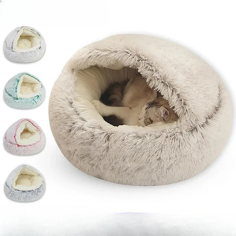 Winter Long Plush Pet Cat Bed round Cat Cushion Cat House 2 in 1 Warm Cat Basket Cat Sleep Bag Cat Nest Kennel for Small Dog Cat