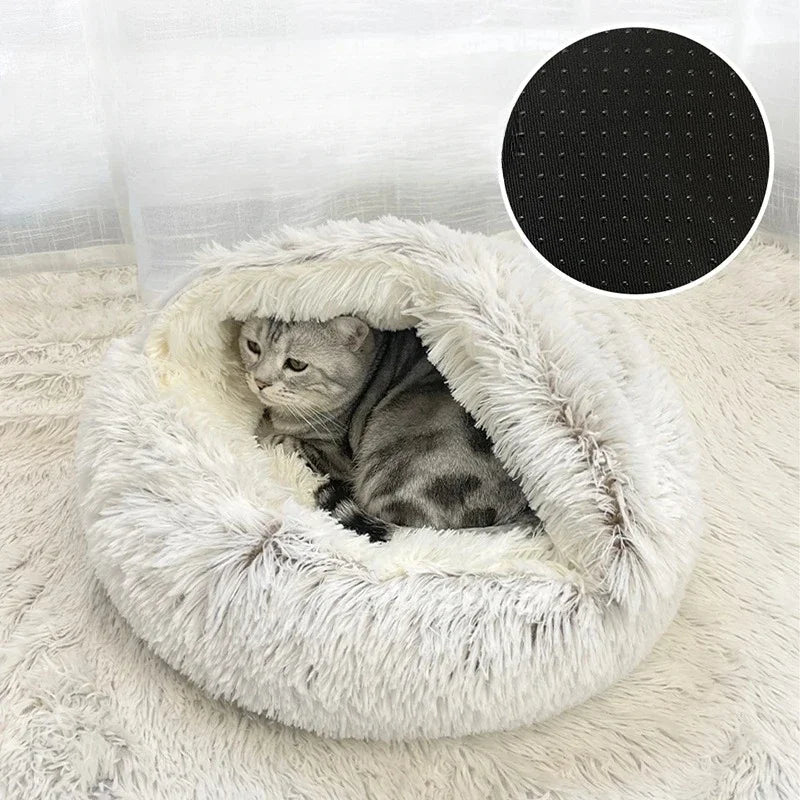 Winter Long Plush Pet Cat Bed round Cat Cushion Cat House 2 in 1 Warm Cat Basket Cat Sleep Bag Cat Nest Kennel for Small Dog Cat