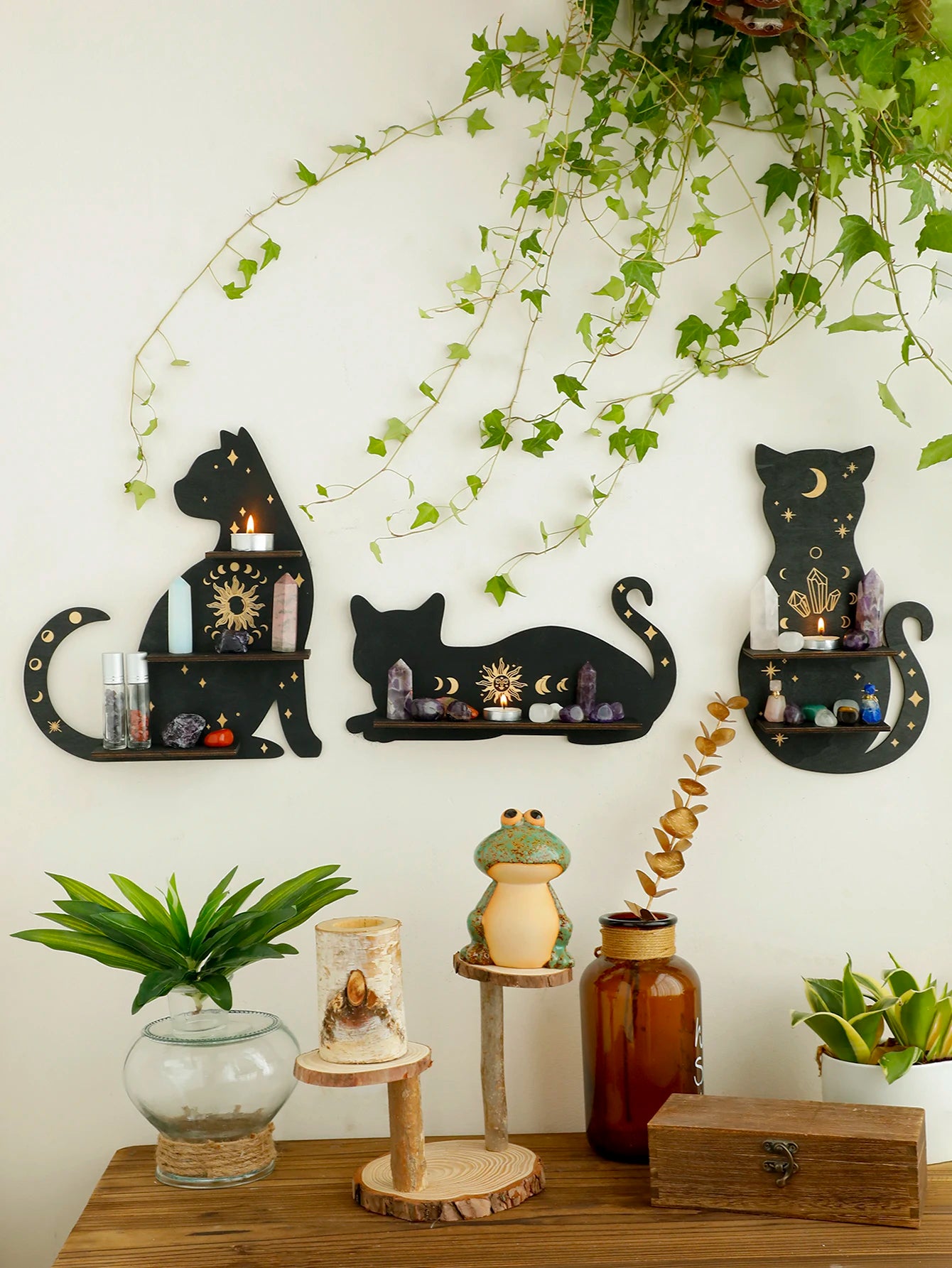 Black Cat Wooden Shelf Moon Phase Floating Shelf Chakra Crystal Holder Stone Display Stand Wall Decor Witchy Home Decorations