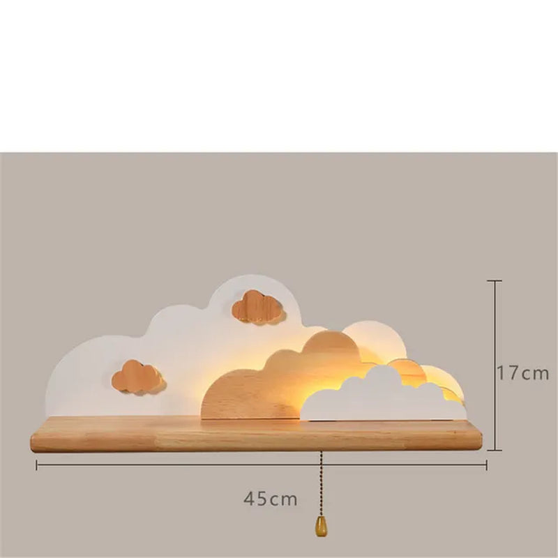 Creative Clouds Sun Wood Shelf Glass Led Wall Lamp with Pull Switch Children Bedroom Bedside Study Sconce Girls Light Fixtures