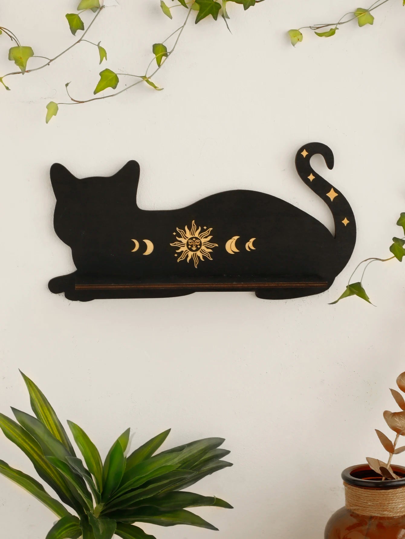 Black Cat Wooden Shelf Moon Phase Floating Shelf Chakra Crystal Holder Stone Display Stand Wall Decor Witchy Home Decorations