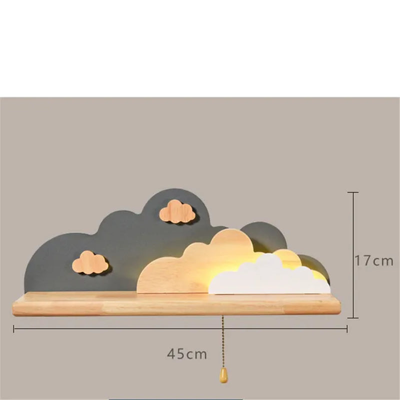 Creative Clouds Sun Wood Shelf Glass Led Wall Lamp with Pull Switch Children Bedroom Bedside Study Sconce Girls Light Fixtures