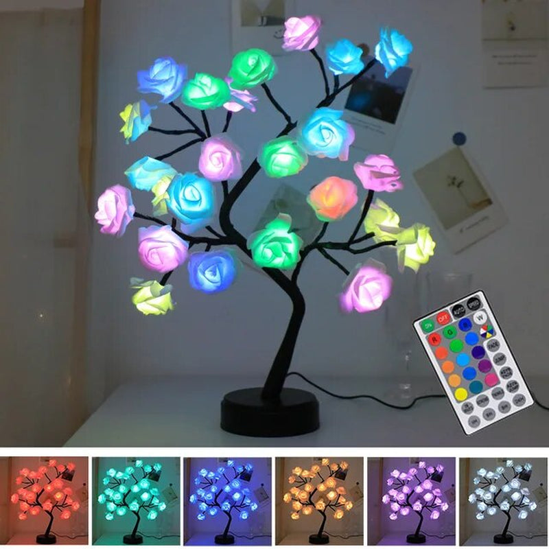 RGB Rose Flower Tree Lights 24LED USB Battery Table Lamp Fairy Night Light Home Party Christmas Wedding Bedroom Decoration Gift