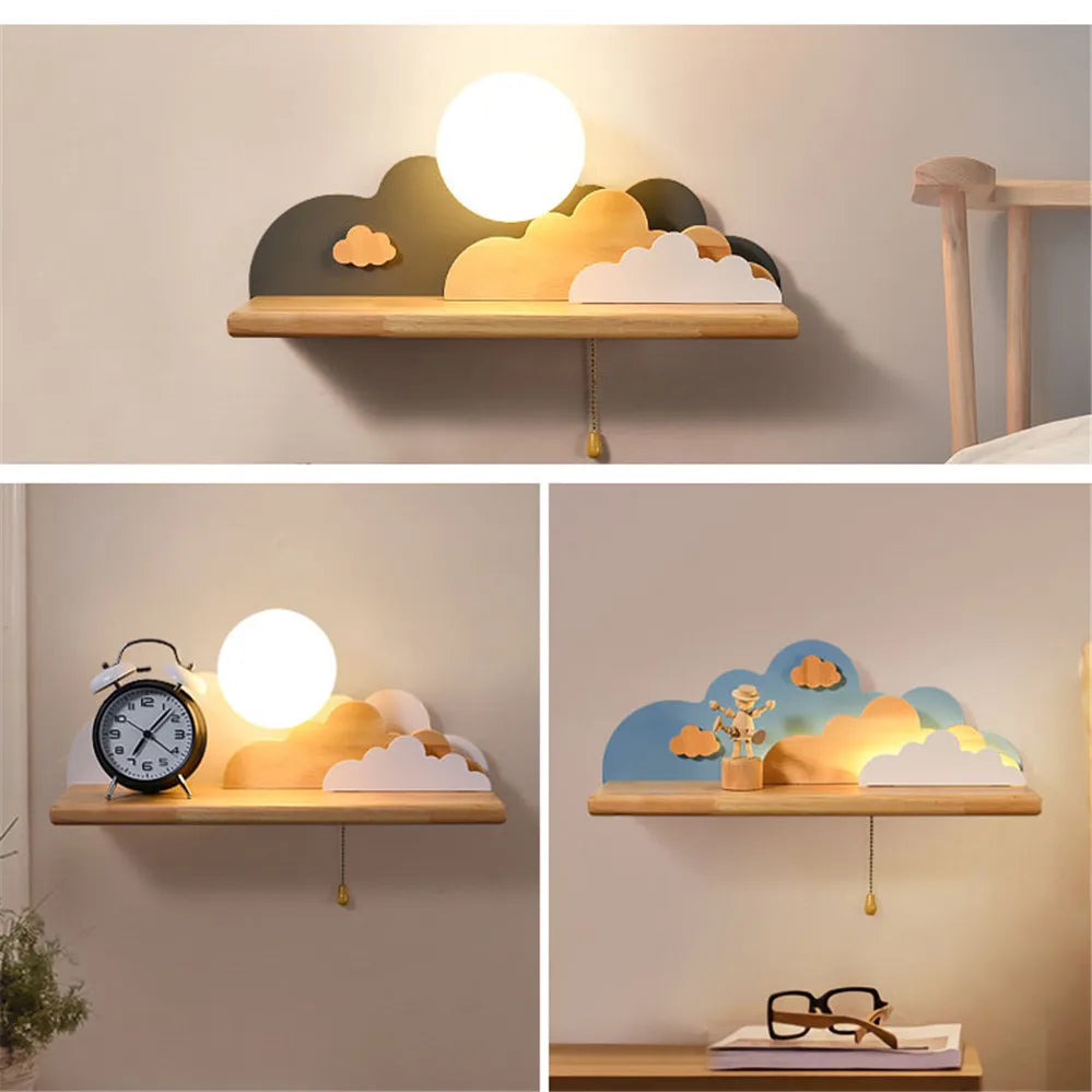 Creative Clouds Sun Wood Shelf Glass Led Wall Lamp with Pull Switch Children Bedroom Bedside Study Sconce Girls Light Fixtures