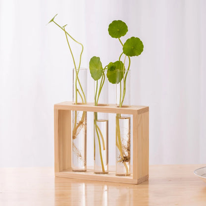 Hydroponic Plants Container with Wood Frame Transparent Glass Test Tube Vase Flower Pot Home Tabletop Bonsai Decorations Crafts