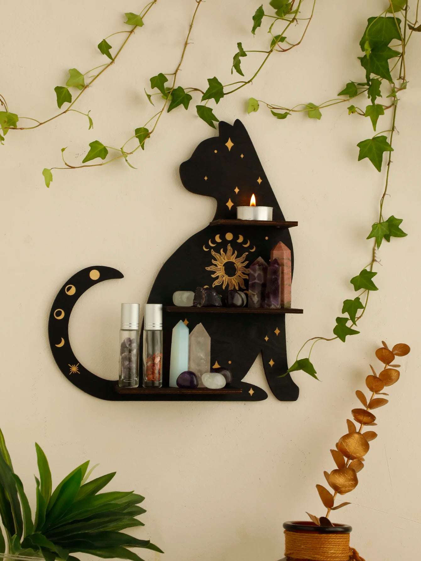 Black Cat Wooden Shelf Moon Phase Floating Shelf Chakra Crystal Holder Stone Display Stand Wall Decor Witchy Home Decorations