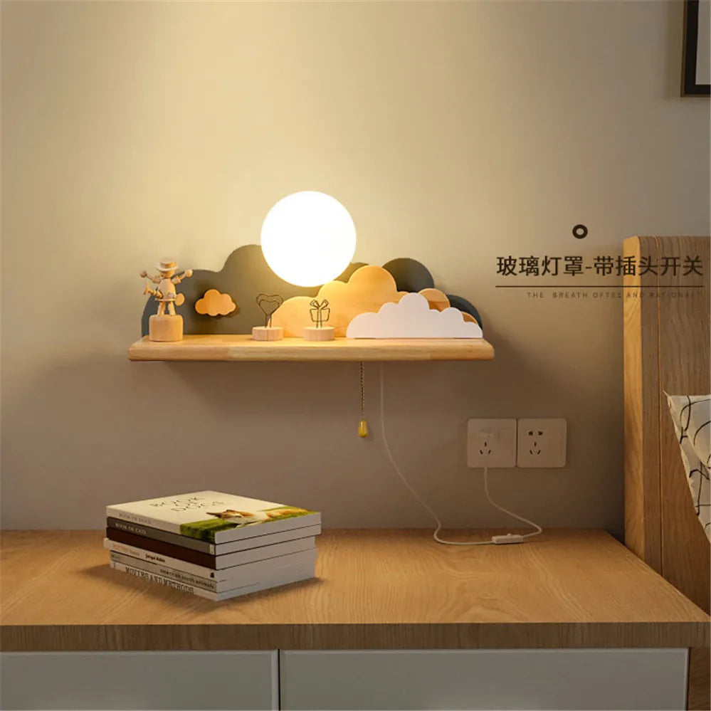 Creative Clouds Sun Wood Shelf Glass Led Wall Lamp with Pull Switch Children Bedroom Bedside Study Sconce Girls Light Fixtures