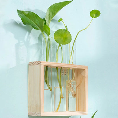 Hydroponic Plants Container with Wood Frame Transparent Glass Test Tube Vase Flower Pot Home Tabletop Bonsai Decorations Crafts